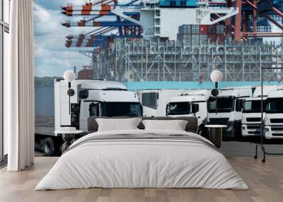 Trucks in the international seaport against on a background of a ship loaded with containers. International trade and logistics concept Wall mural