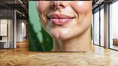 A close-up image of a smiling woman showcasing her clear and healthy skin, set against a background of green aloe vera leaves. Perfect for skincare and wellness themes.

 Wall mural