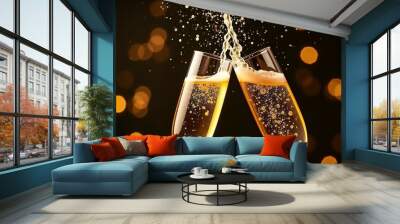 Close-up of two champagne glasses clinking with sparkling bubbles and bokeh lights in the background, symbolizing celebration, joy, and special occasions.

 Wall mural