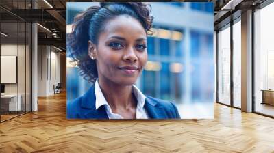 Portrait of a confident businesswoman standing in a modern office. The blurred background reflects a professional and dynamic workplace setting, emphasizing leadership and career advancement.

 Wall mural