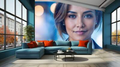 Portrait of a confident businesswoman standing in a modern office. The blurred background reflects a professional and dynamic workplace setting, emphasizing leadership and career advancement.
 Wall mural