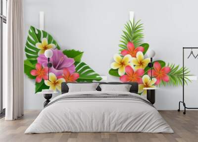 Corner design collection with exotic flowers and palm leaves, including hibiscus flower and plumeria. Vector illustration for summer and tropical design corner, holiday banner or for exotic destinatio Wall mural