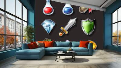 icon set for fantasy adventure game, including potions, treasure, items and sword, Wall mural