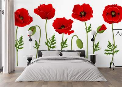 Red poppy flower collection with bud and leaf. Vector illustration isolated on white, for summer and spring designs, in different positions and red petals Wall mural