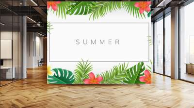 summer frame with exotic flowers and palm leaves. vector illustration for tropical frames and backgr Wall mural