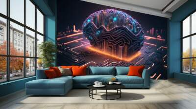 Digital illustration about brain and smart city. Wall mural