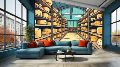 large cheese wheels in a dry room on a farm, cheese factory shelves with aged cheese, cheese wheels on wooden boards, Wall mural