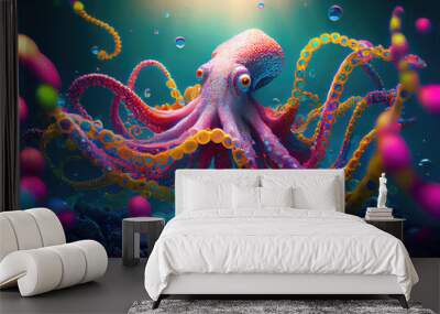 Colorful octopus swimming underwater. Generative Ai Art. Rainbow colors. Wall mural