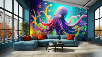 Colorful octopus swimming underwater. Generative Ai Art. Rainbow colors. Wall mural