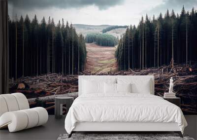 Deforestation. Logging in forest. Generative Ai Art. Landscape view with trees cut. Wall mural