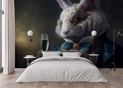 Rabbit aristocrat with glass of champagne. Vintage outfit with ruff. White millstone collar. Generative Ai Art. Antique style portrait of a bunny in ruff collar. Wall mural