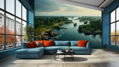 Togo landscape. Breathtaking Aerial View of Serene Tropical River Landscape at Sunset. Wall mural