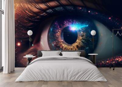 Woman Eye with Stars and Outer Space Close Up View. Generative AI Art. Nebulas in Cosmos. Wall mural