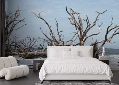 Old bleached trees in ocean on beach in sun and surf 2 Wall mural