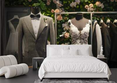 A bride dress and groom suit on mannequin. Wall mural