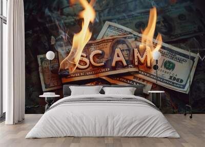 Burning money, showcasing investment scam. Wall mural