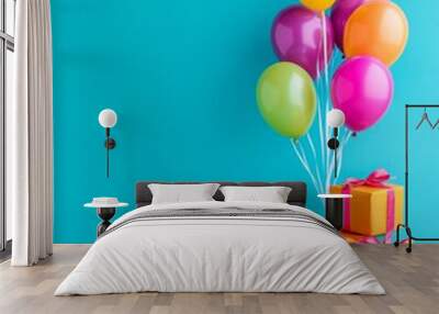 Wallpaper for birthday theme, showing gift boxes, balloons and ribbons. Wall mural