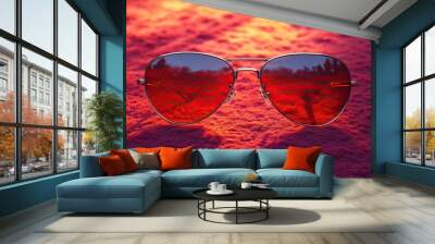 A pair of sunglasses with a red background and a red background Wall mural