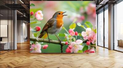 A bright robin bird sits on a blooming pink branch of an apple tree in the spring garden and sings Wall mural