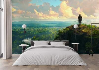 A hunter standing at the edge of a precipice, overlooking a vast expanse of jungle below, their destination still far off in the distance. Wall mural