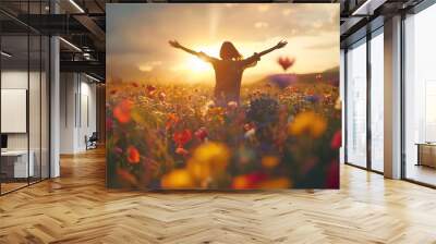 A person dancing freely in a field of wildflowers, exuding pure happiness and freedom. Wall mural