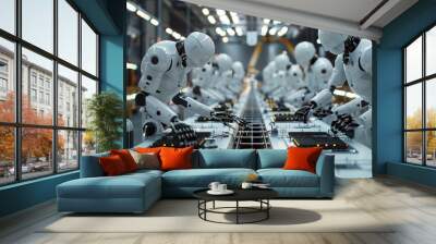 Industrial robots assembling intricate electronic devices in a cleanroom facility. Wall mural