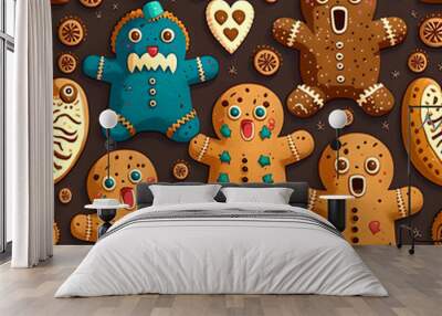 Seamless pattern of gingerbread cookies Wall mural