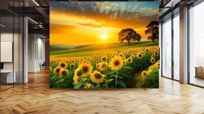 sunset in the field of sunflowers Wall mural