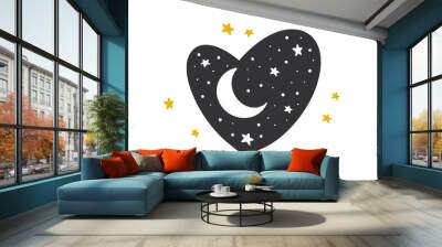 Heart with moon and stars. Unique and cute hand drawn nursery poster.  Scandinavian style. Poster, card, banner, t-shirt design element. Vector illustration Wall mural