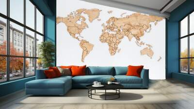 Wooden world map on a white wall. Geography concept. Background for travel. Logistics and transportation, worldwide business. All continent. Europe, America, Australia and Asia. Wall mural