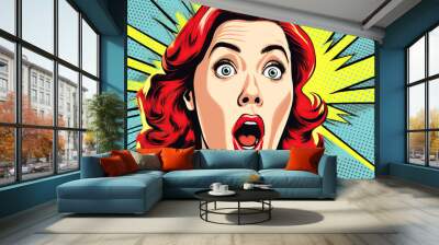 Pin up, pop art retro surprised, astonished, shocked, funky open-mouthed young redhead woman with wow face, comic kitsch cartoon vintage style portrait. Wall mural