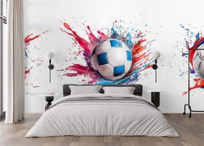 Set of different soccer balls in blue and red paint splash. Bundle of flying leather balls, isolated cutout on transparent background Wall mural