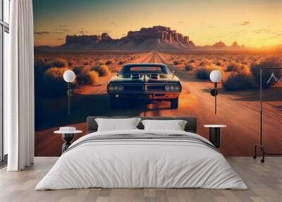 muscle car on desert road, Generative AI Wall mural