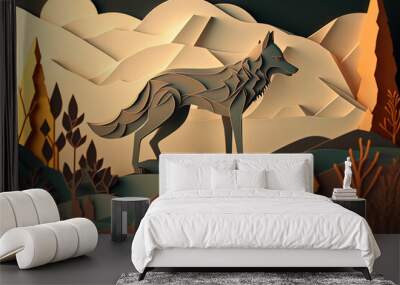 paper cut craft, paper illustration, wolf, Generative AI Wall mural