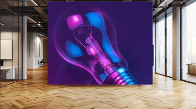 Photo of light bulb lamp in neon light. Ideea concept. Wall mural