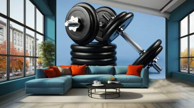 Professional dumbbell and weight plates over blue background. Gym equipment. Fitness concept. Wall mural