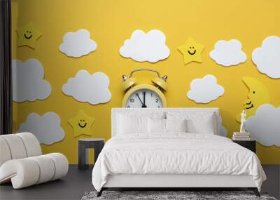 Yellow round alarm clock, moon, stars and white clouds on the yellow background. Wall mural