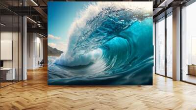 Big ocean clear blue surfer wave tube closeup. Generative AI Wall mural