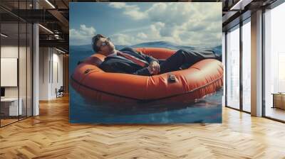 Businessman Asleep on Raft at Sea: A Metaphor for Business Safety Net. Generative ai Wall mural