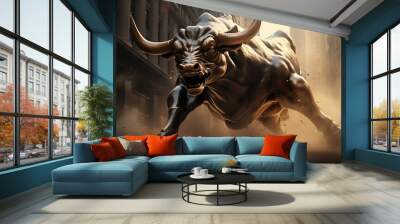 Charging Bull Sculpture in Urban Setting. Generative ai Wall mural