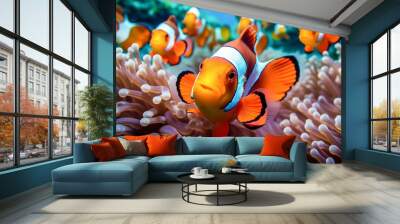 Clownfish Swimming Among the Vibrant Corals of a Tropical Reef. Generative ai Wall mural