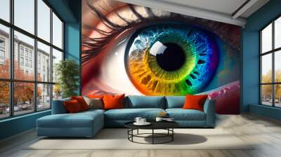 Female eye closeup with rainbow pupil. Generative AI Wall mural