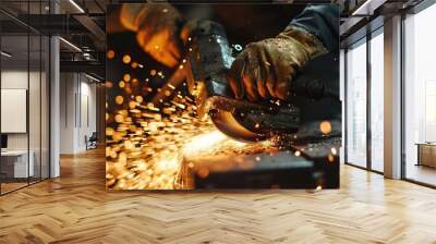 Industrial Worker Cutting Metal with Grinder in Workshop. Generative ai Wall mural