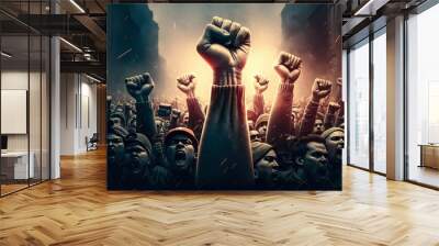 Many people rising hands fists, rallies and protests. Generative AI Wall mural