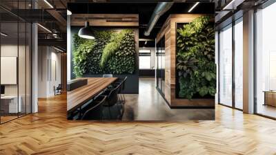 Office interior design with wall plants, wood, industrial. Generative AI Wall mural