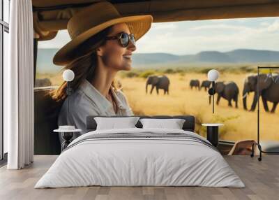 Safari Adventure: Woman and Tourist Vehicle Observing Elephants in the Savanna. Generative ai Wall mural