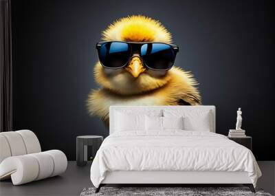 Sweet and funny baby chick wearing in fashion sunglasses. Generative AI Wall mural