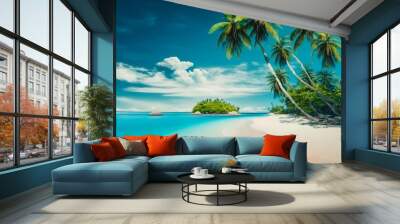 Tropical island beach with palms. Generative AI Wall mural