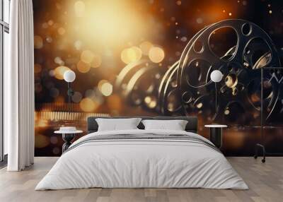 Vintage Cinema: Classic Film Reel with a Glimmering Bokeh Backdrop. Generative ai Wall mural