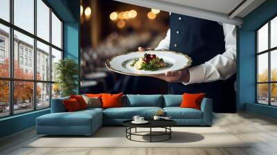 Waiter Carrying Plate with Fancy Food, Served Michelin Style. Generative ai Wall mural